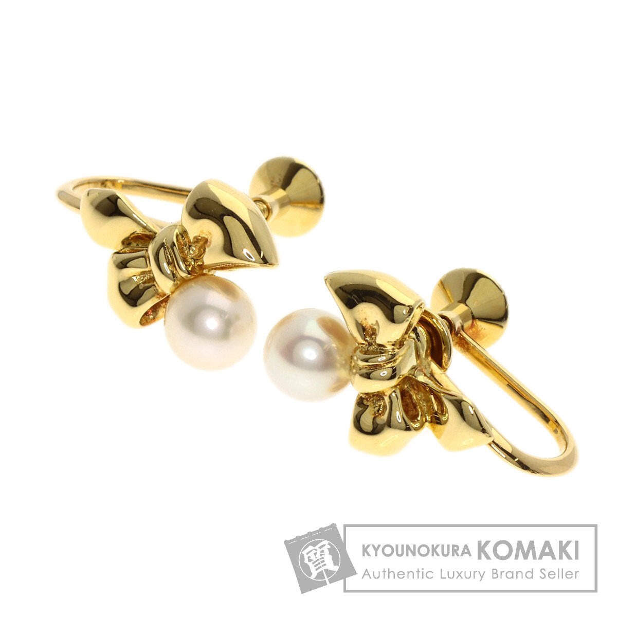 MIKIMOTO Ribbon Pearl Earring K18 Yellow Gold Ladies [Used]