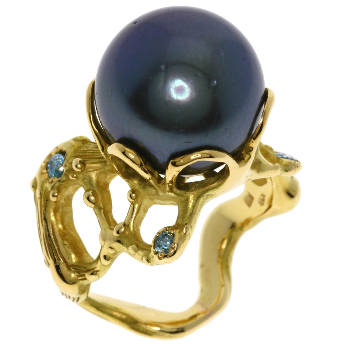 SHUN TAMURA Black Pearl Pearl Diamond Ring K18 Yellow Gold Ladies [Used]