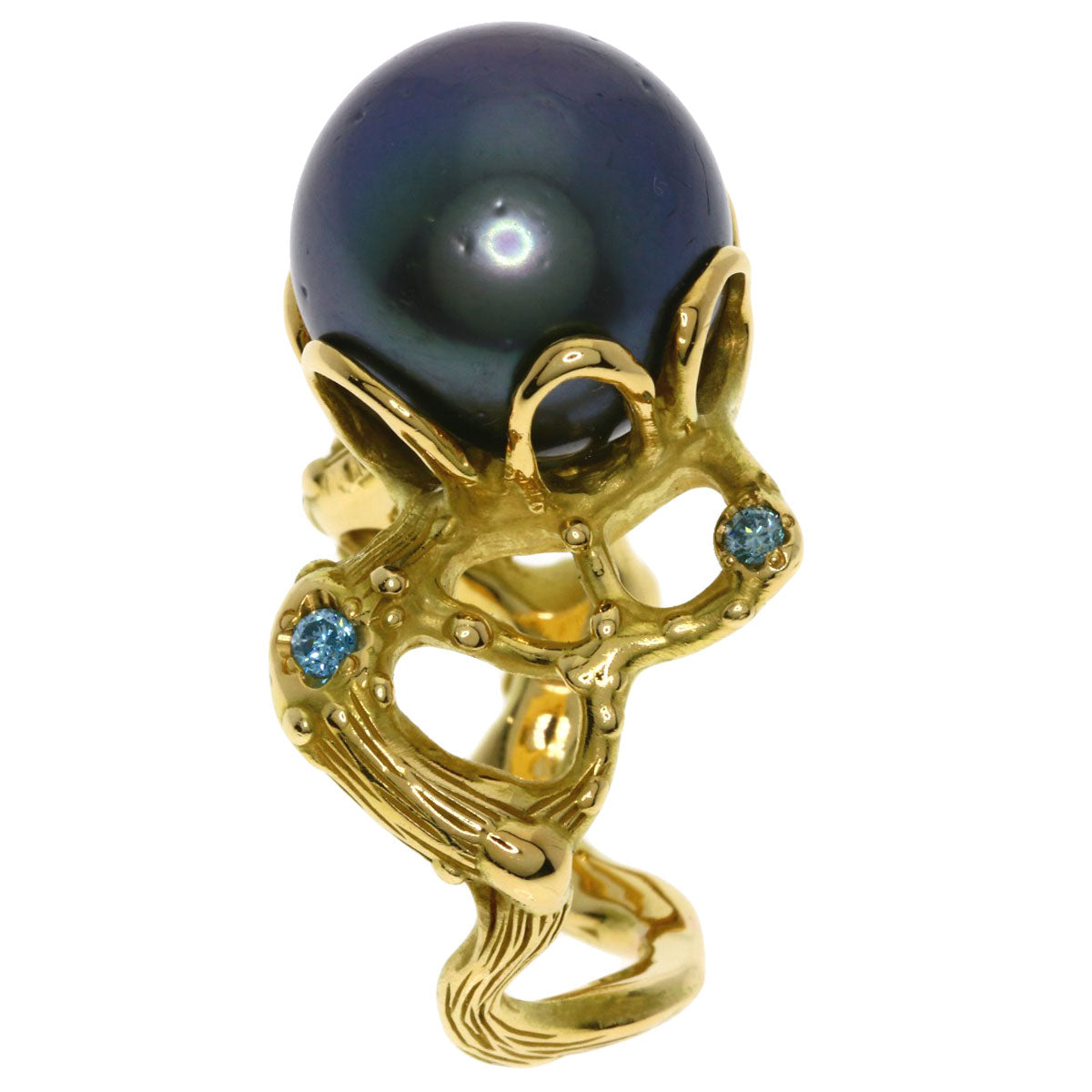 SHUN TAMURA Black Pearl Pearl Diamond Ring K18 Yellow Gold Ladies [Used]