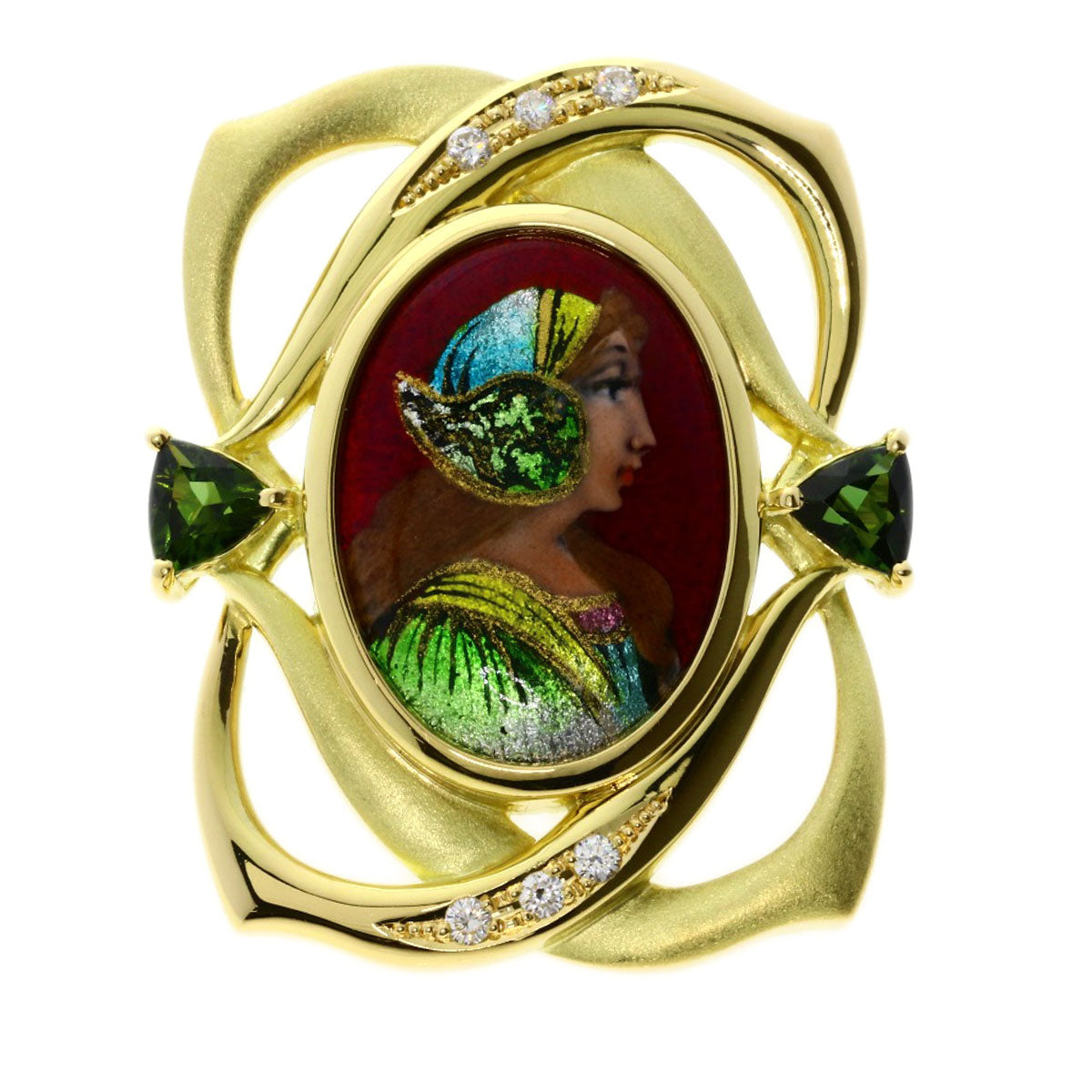MITSUO KAJI Miniature Diamond Green Tourmaline Enamel Brooch K18 Yellow Gold PT900Ladies [Used]