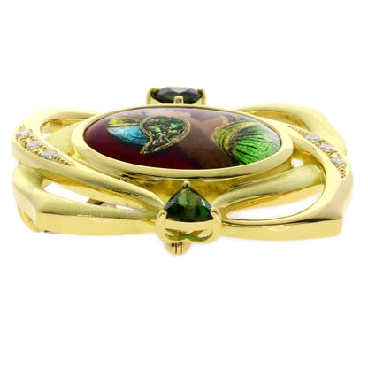 MITSUO KAJI Miniature Diamond Green Tourmaline Enamel Brooch K18 Yellow Gold PT900Ladies [Used]