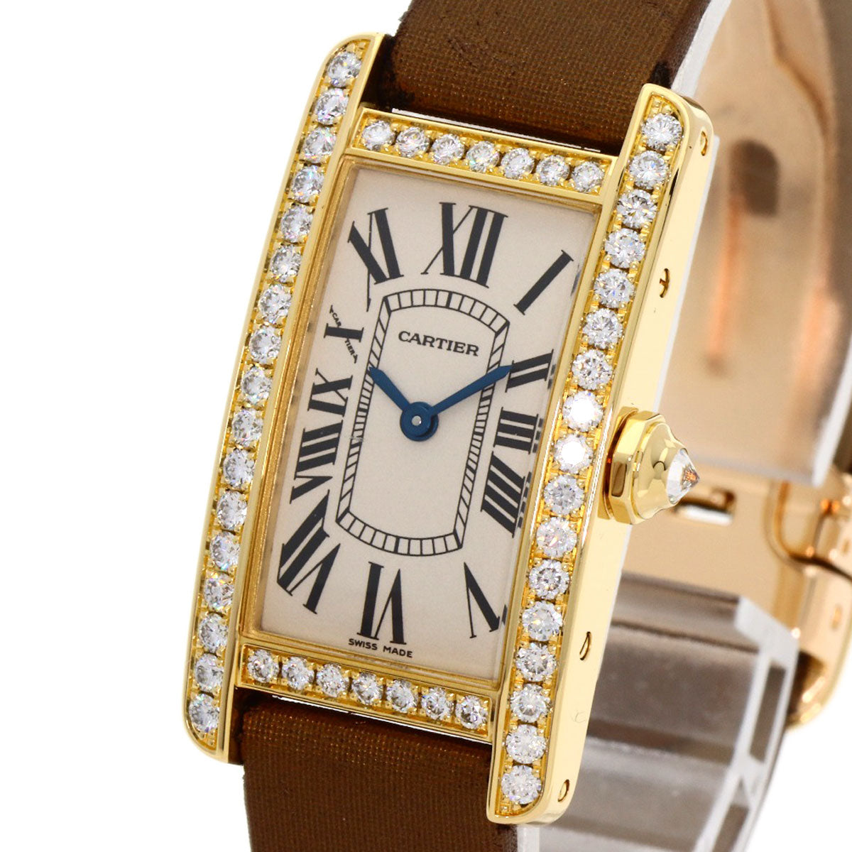 CARTIER Tank AmericanSM Watches WB707231 K18 Yellow Gold/Satin & Leather Ladies