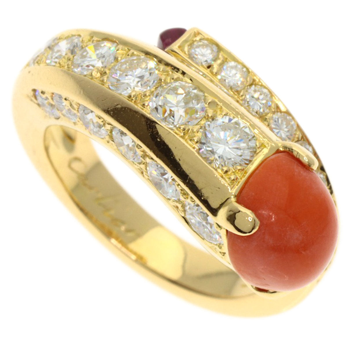 CARTIER Vintage Coral Diamond Ruby Ring K18 Yellow Gold Ladies [Used]
