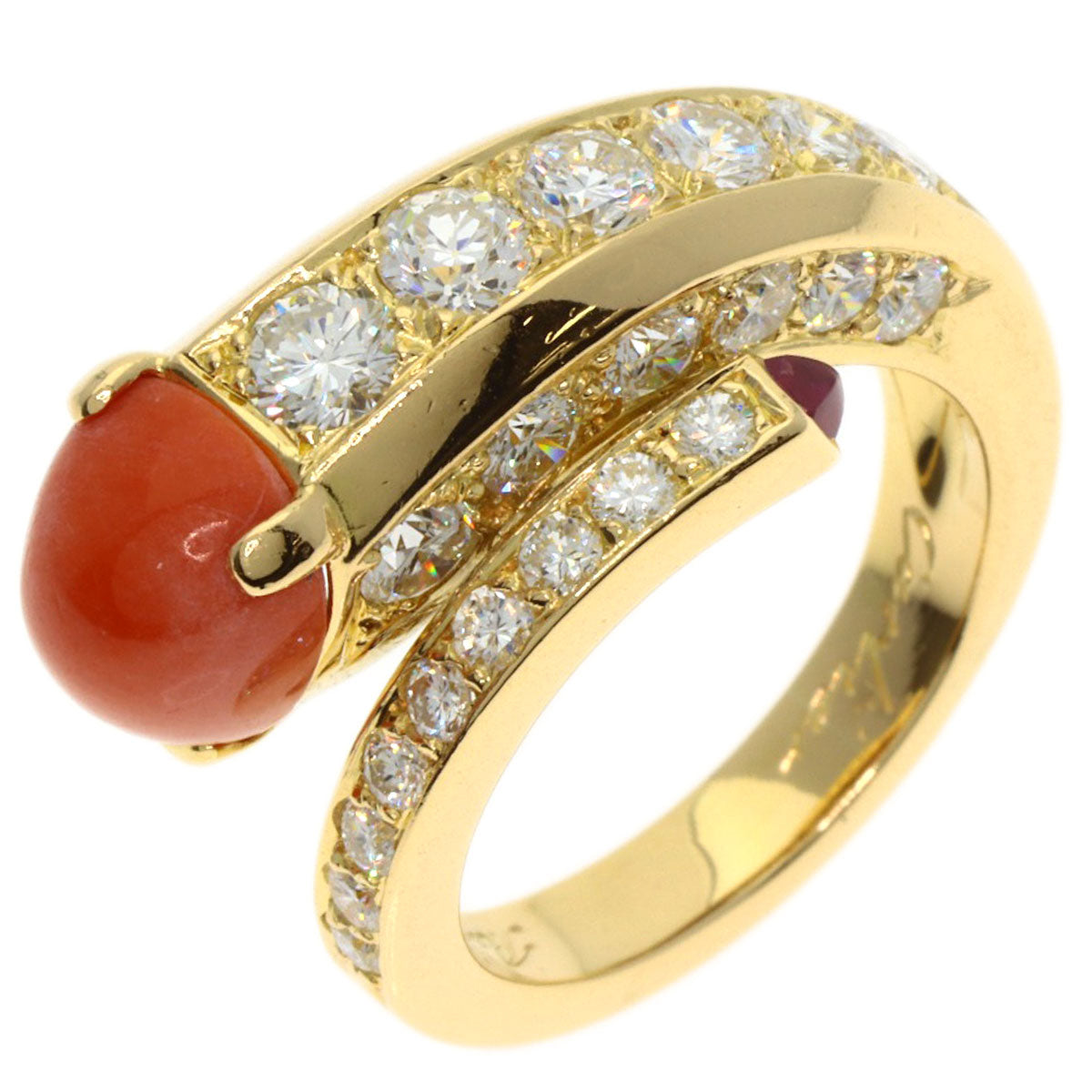 CARTIER Vintage Coral Diamond Ruby Ring K18 Yellow Gold Ladies [Used]