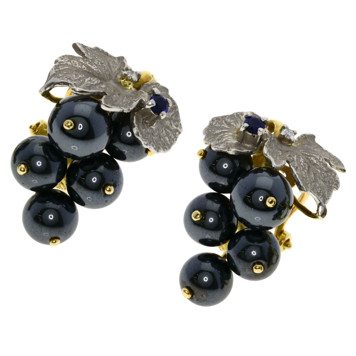 NOBUKO ISHIKAWA Grape motif Hematite Sapphire Diamond Earring K18 Yellow Gold PT900Ladies [Used]