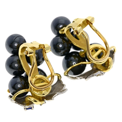 NOBUKO ISHIKAWA Grape motif Hematite Sapphire Diamond Earring K18 Yellow Gold PT900Ladies [Used]