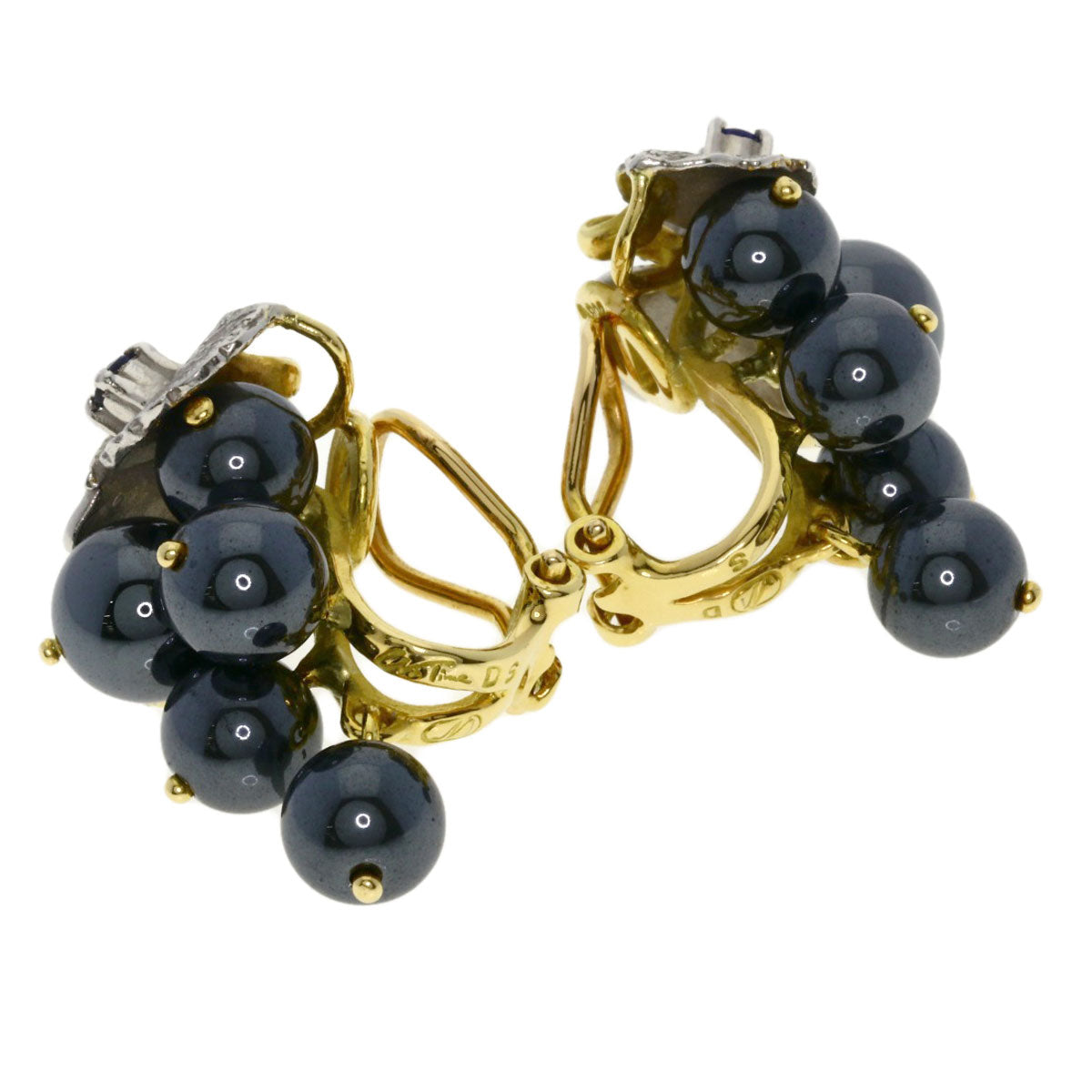 NOBUKO ISHIKAWA Grape motif Hematite Sapphire Diamond Earring K18 Yellow Gold PT900Ladies [Used]