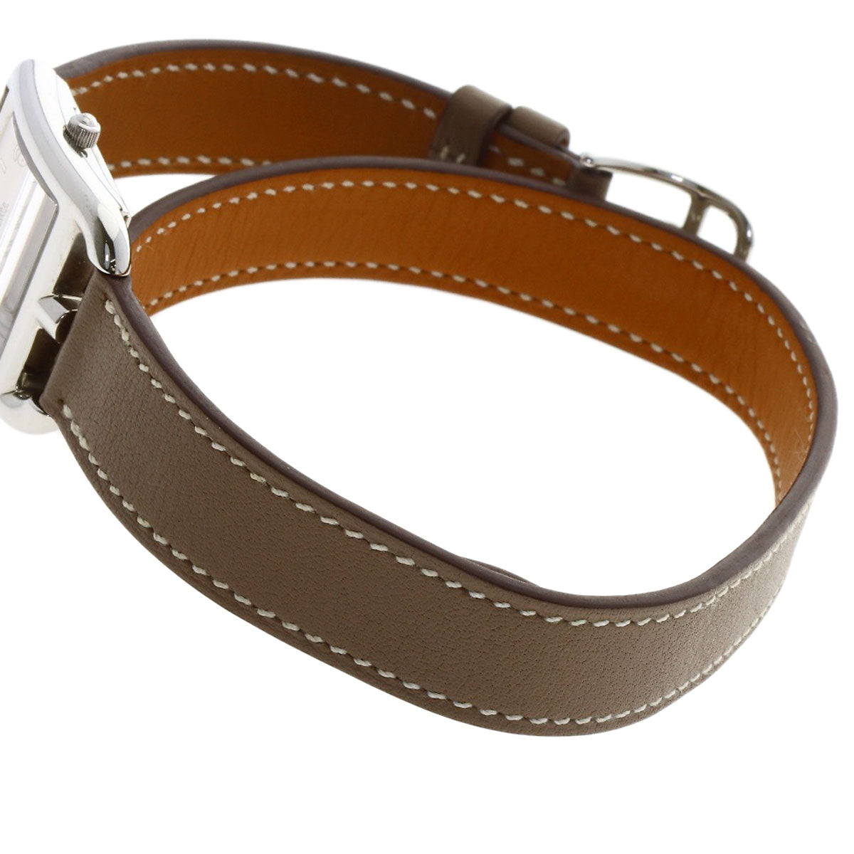 HERMES Cape Cod PM Double Tour Etoupe Watches CC1.210 Stainless Steel/Leather Ladies