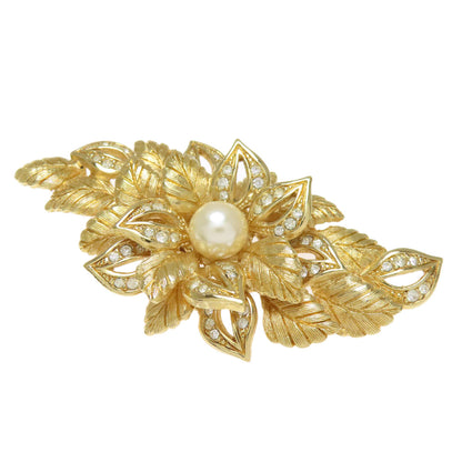 CHRISTIAN DIOR Flowers Rhinestones Faux Pearls Brooch Metal Ladies [Used]