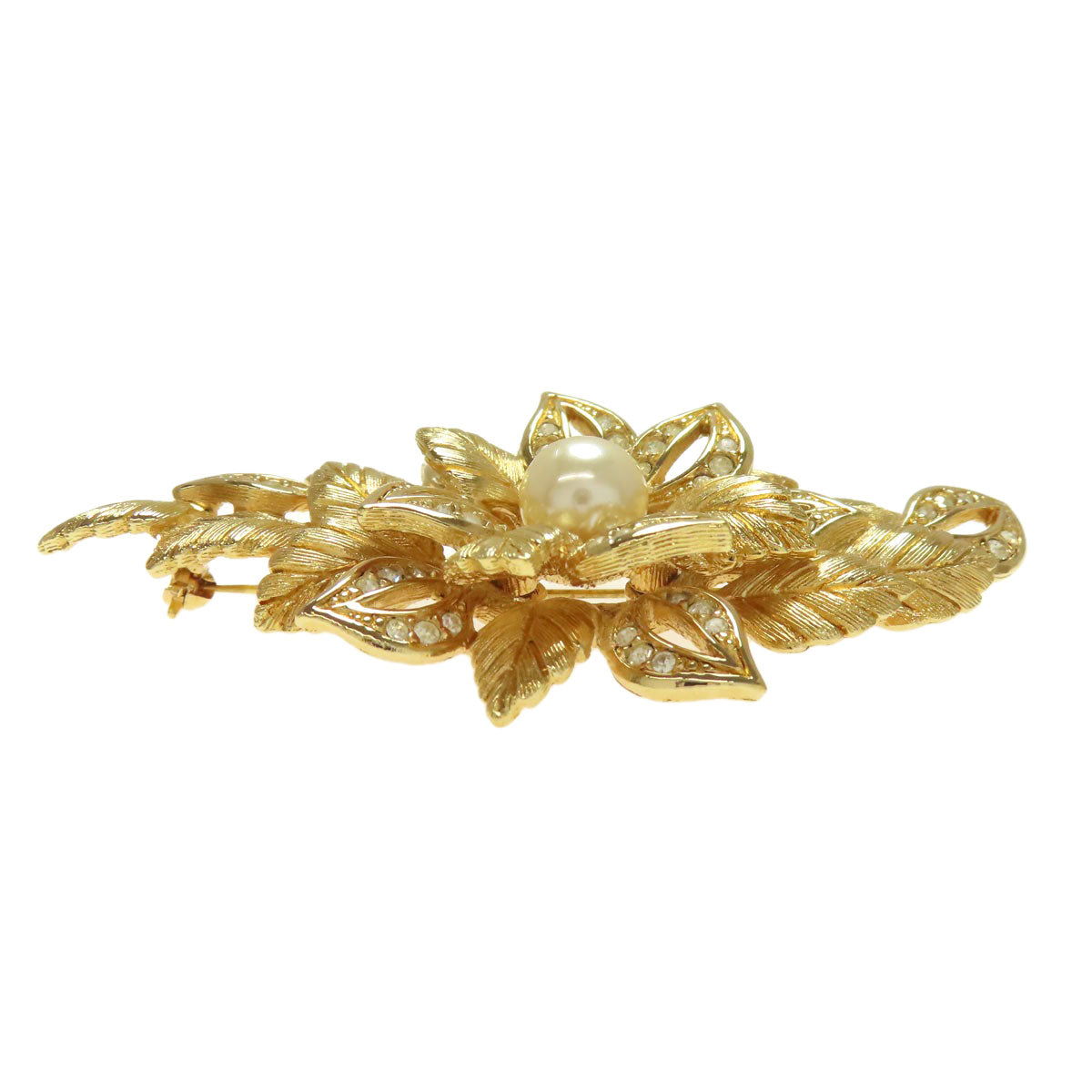 CHRISTIAN DIOR Flowers Rhinestones Faux Pearls Brooch Metal Ladies [Used]