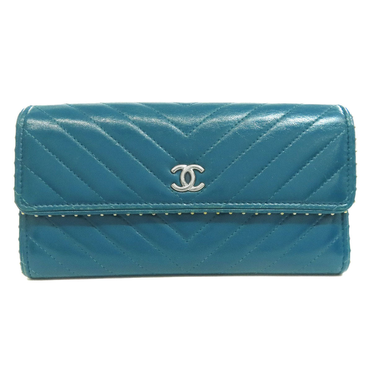 CHANEL V Stitch COCO Mark SilverHardware Long wallet (with coin pocket) Calf Ladies [Used]