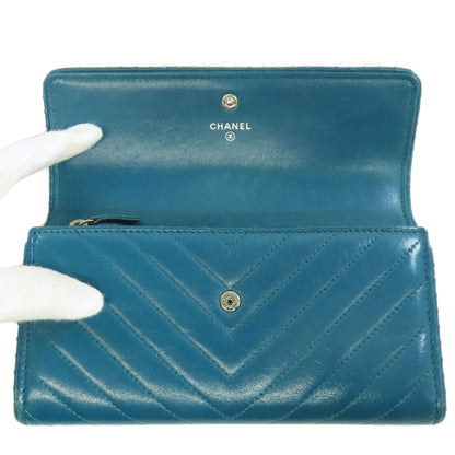 CHANEL V Stitch COCO Mark SilverHardware Long wallet (with coin pocket) Calf Ladies [Used]