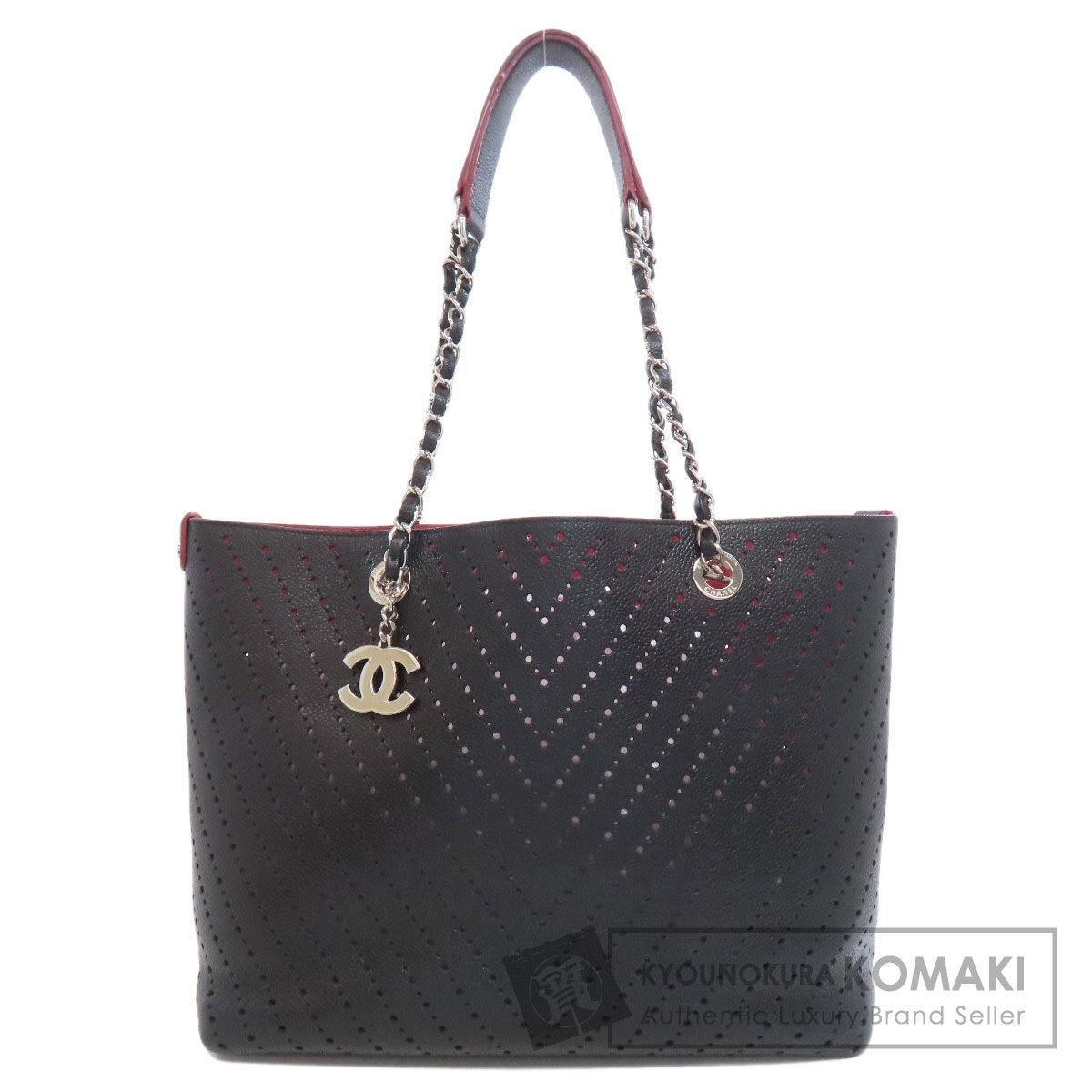 CHANEL Chain Tote Punching SilverHardware Tote Bag Grained Calfskin Skin Ladies [Used]