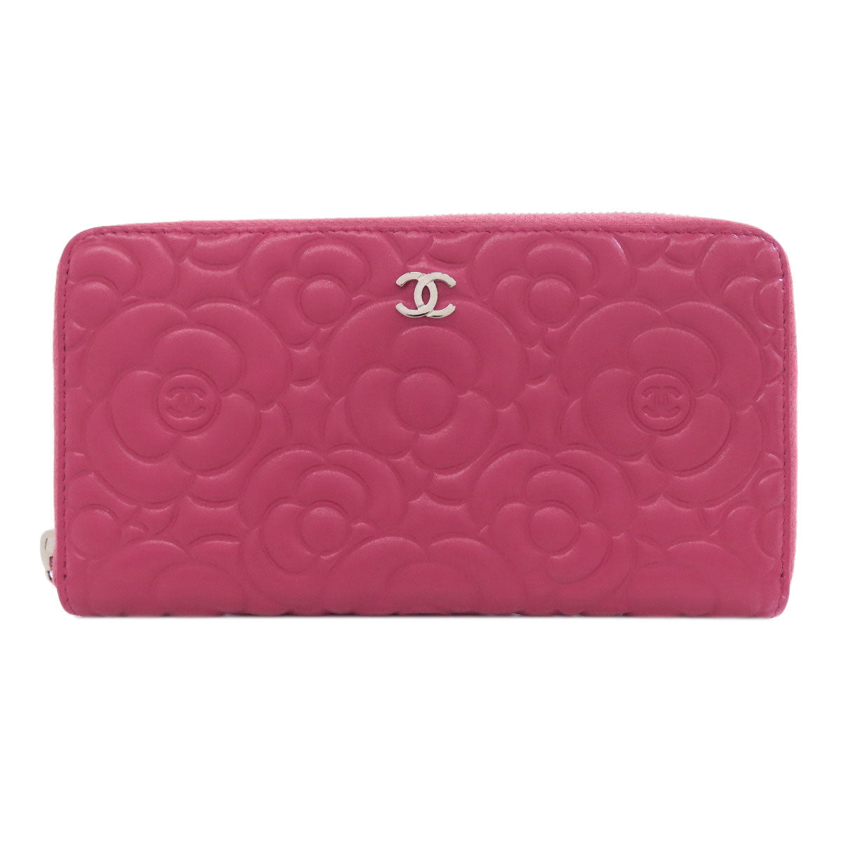 CHANEL Camellia COCO Mark SilverHardware Long wallet (with coin pocket) Calf Ladies [Used]