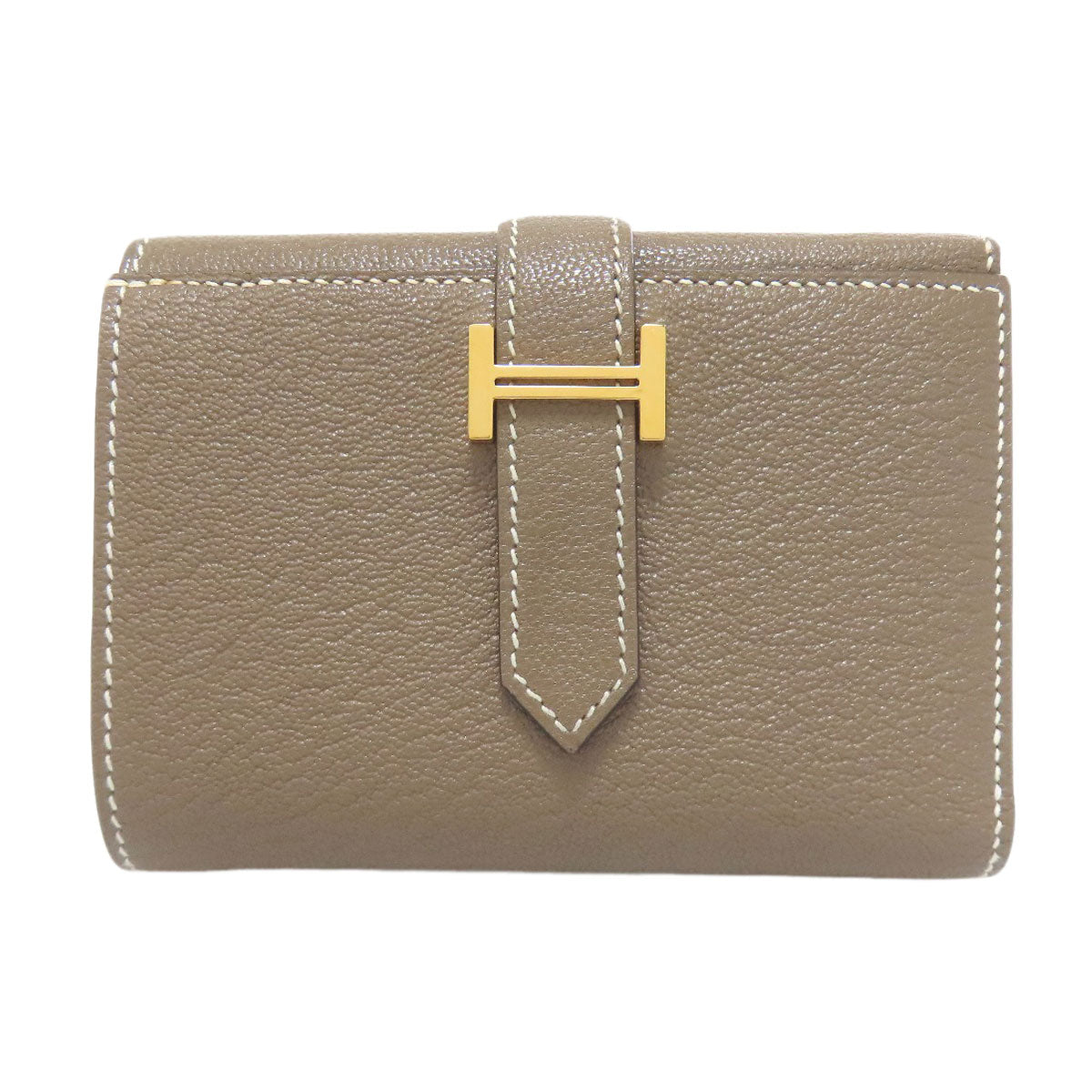 HERMES Bearn Combination Etoupe GoldHardware Bifold Wallet with Coin Pocket Chevre Ladies [Used]