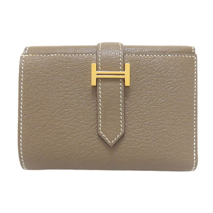 HERMES Bearn Combination Etoupe GoldHardware Bifold Wallet with Coin Pocket Chevre Ladies [Used]