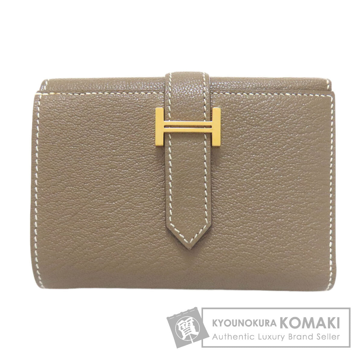 HERMES Bearn Combination Etoupe GoldHardware Bifold Wallet with Coin Pocket Chevre Ladies [Used]