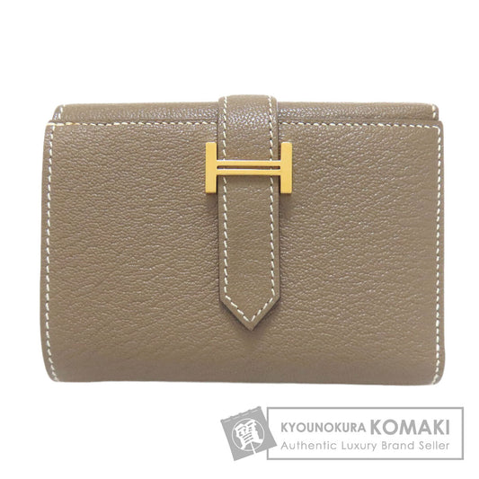 HERMES Bearn Combination Etoupe GoldHardware Bifold Wallet with Coin Pocket Chevre Ladies [Used]