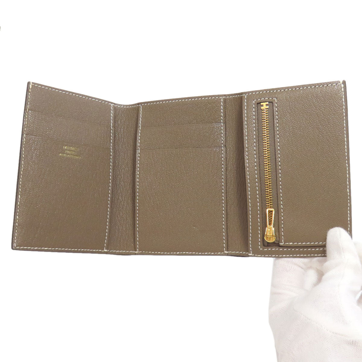 HERMES Bearn Combination Etoupe GoldHardware Bifold Wallet with Coin Pocket Chevre Ladies [Used]