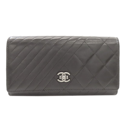 CHANEL Chevron Matelasse SilverHardware Long wallet (with coin pocket) Calf Ladies [Used]