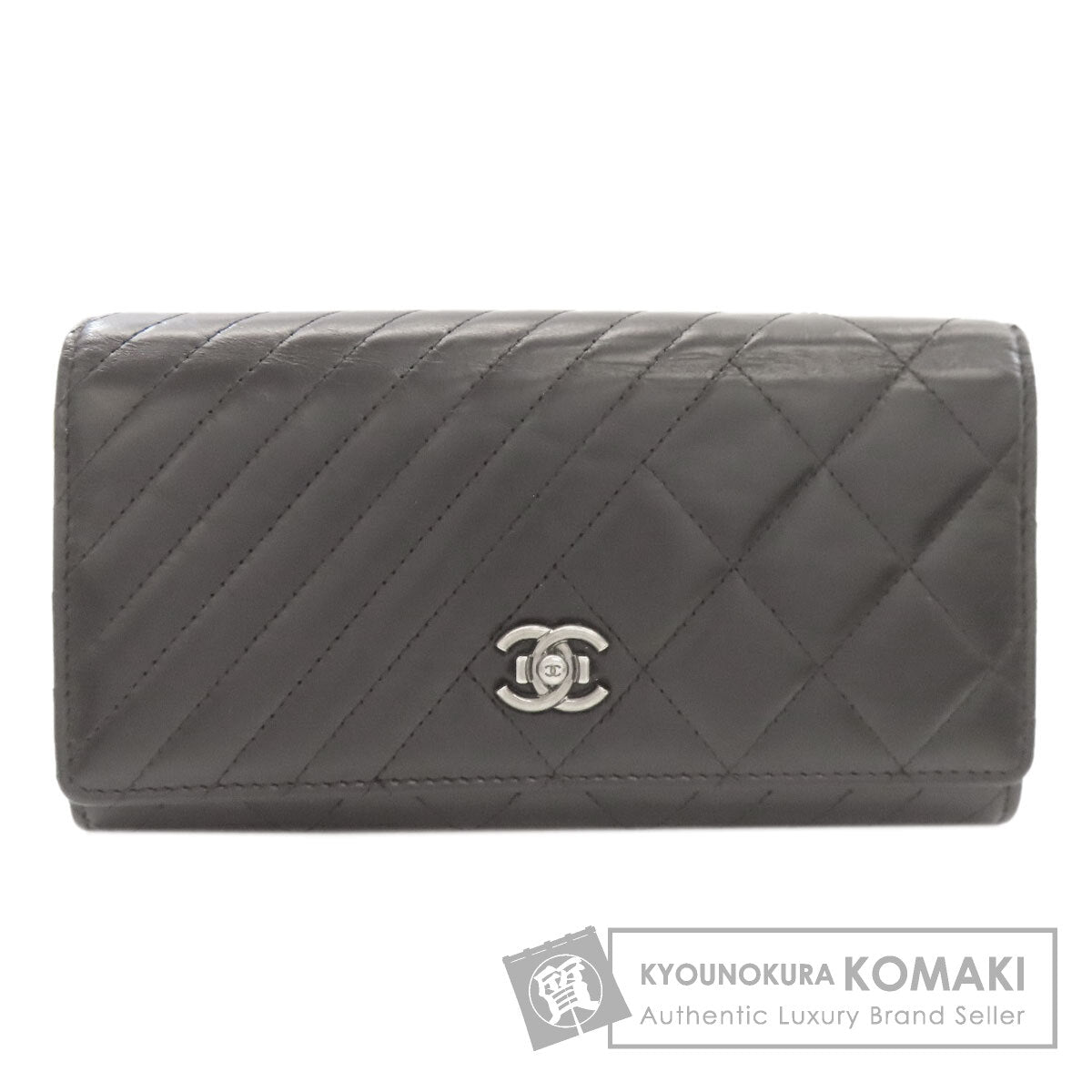 CHANEL Chevron Matelasse SilverHardware Long wallet (with coin pocket) Calf Ladies [Used]