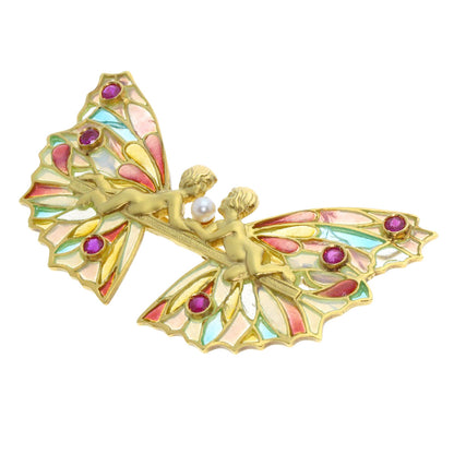 MASRIERA Fairy motif Ruby Pearl Pearl Enamel Brooch K18 Yellow Gold Ladies [Used]