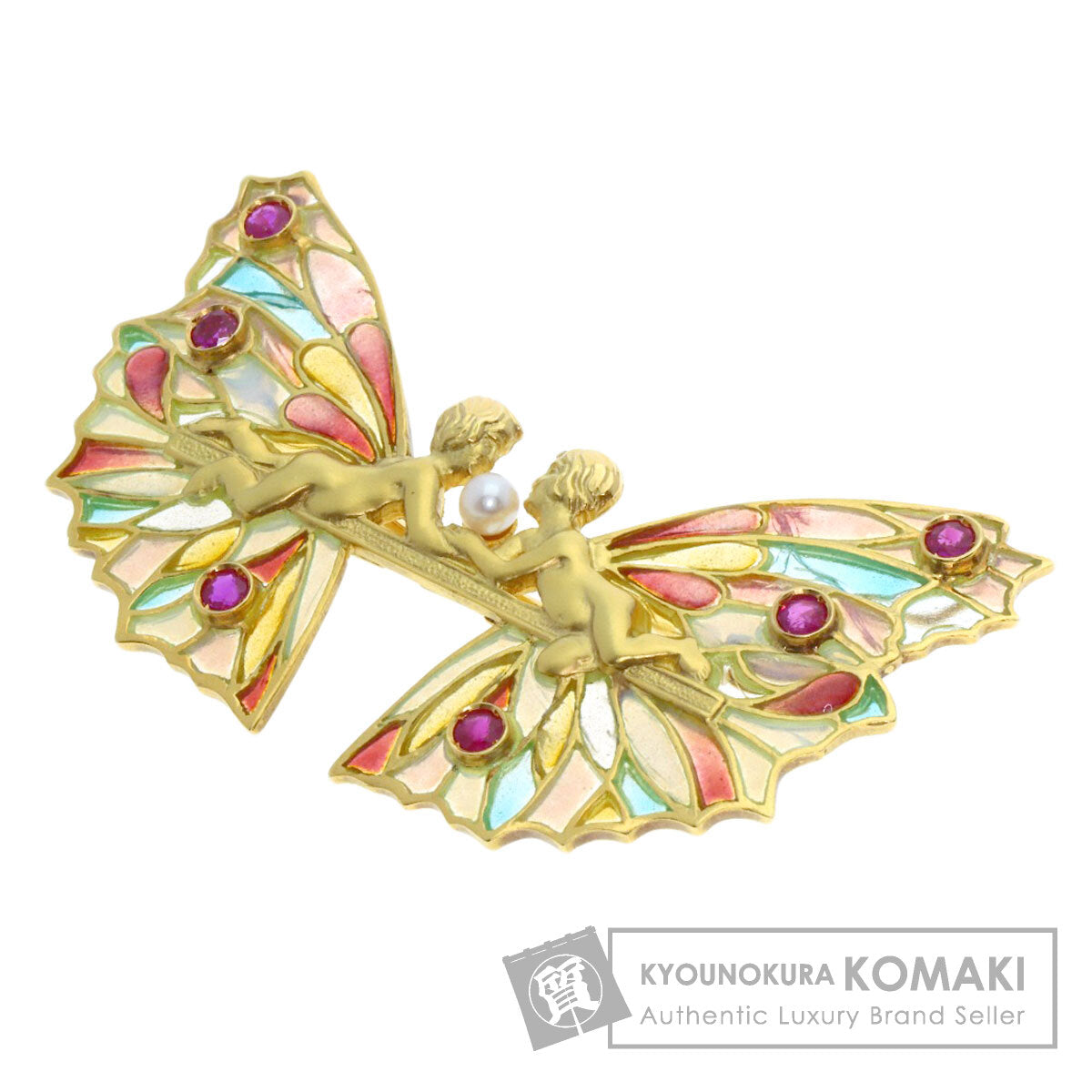 MASRIERA Fairy motif Ruby Pearl Pearl Enamel Brooch K18 Yellow Gold Ladies [Used]
