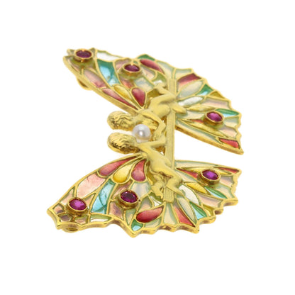 MASRIERA Fairy motif Ruby Pearl Pearl Enamel Brooch K18 Yellow Gold Ladies [Used]