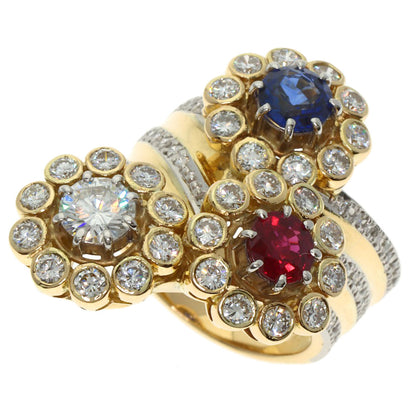 NOBUKO ISHIKAWA Flower Sapphire Ruby Diamond Ring K18 Yellow Gold PT900Ladies [Used]