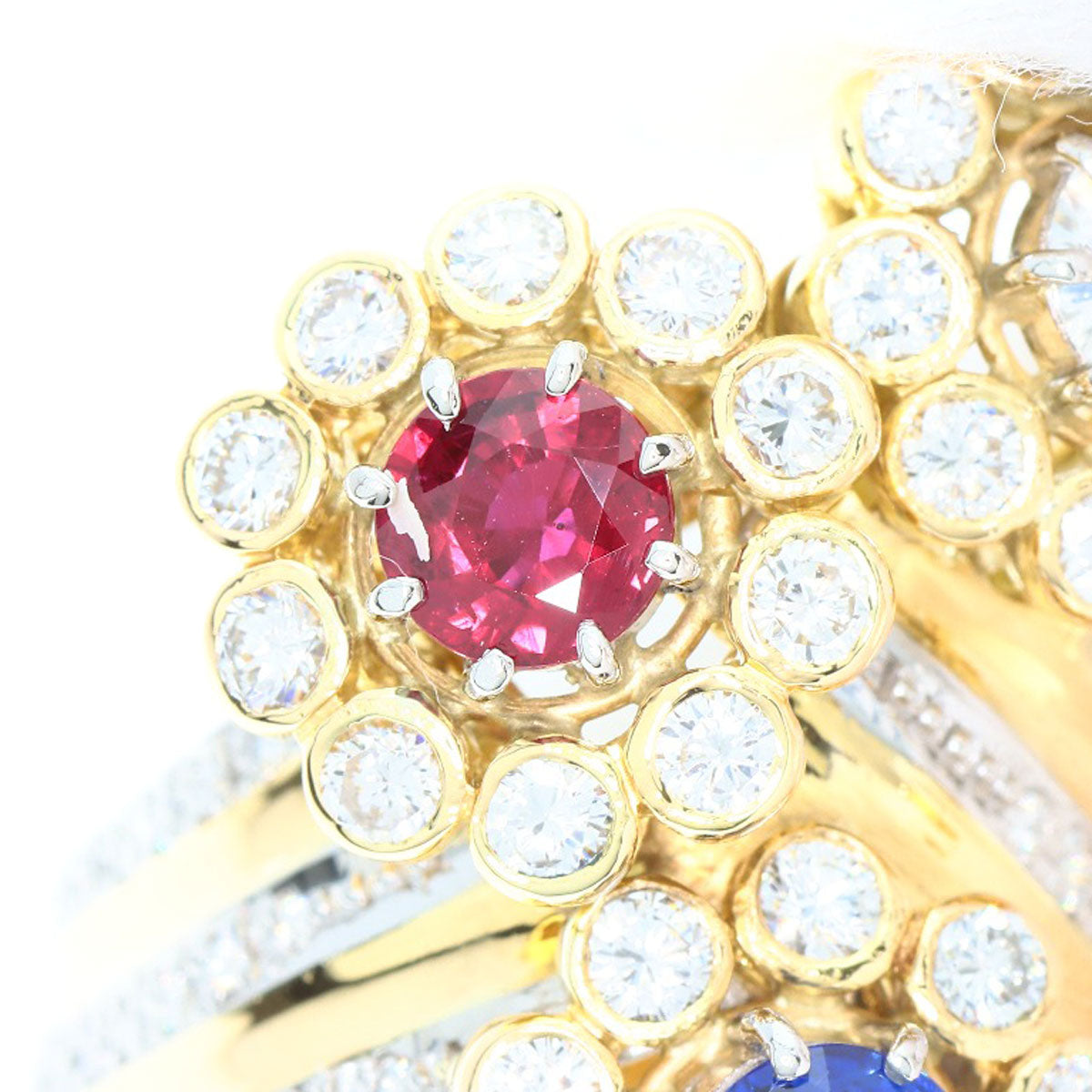 NOBUKO ISHIKAWA Flower Sapphire Ruby Diamond Ring K18 Yellow Gold PT900Ladies [Used]