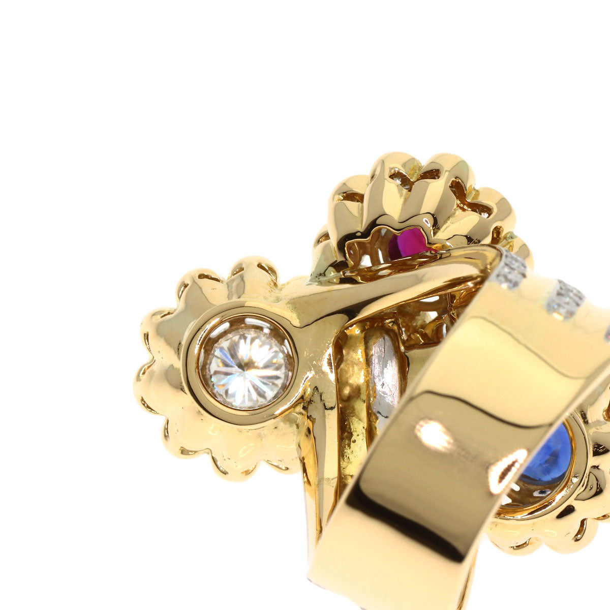 NOBUKO ISHIKAWA Flower Sapphire Ruby Diamond Ring K18 Yellow Gold PT900Ladies [Used]