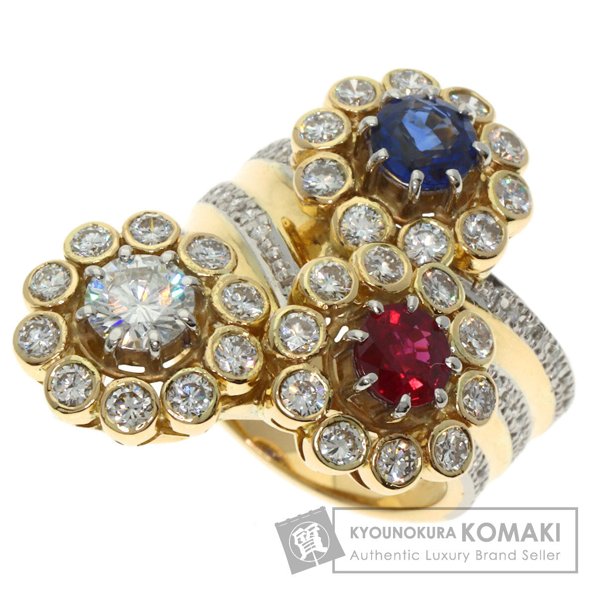 NOBUKO ISHIKAWA Flower Sapphire Ruby Diamond Ring K18 Yellow Gold PT900Ladies [Used]