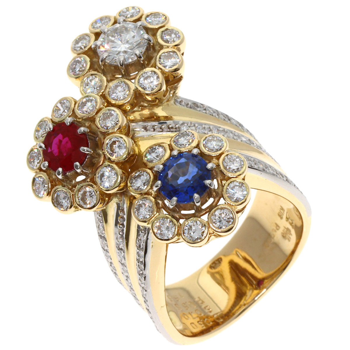 NOBUKO ISHIKAWA Flower Sapphire Ruby Diamond Ring K18 Yellow Gold PT900Ladies [Used]