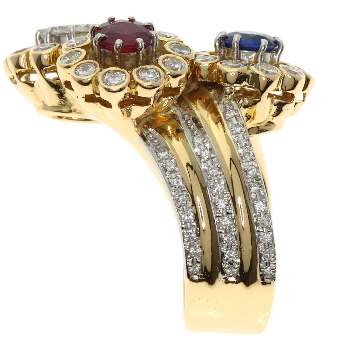 NOBUKO ISHIKAWA Flower Sapphire Ruby Diamond Ring K18 Yellow Gold PT900Ladies [Used]