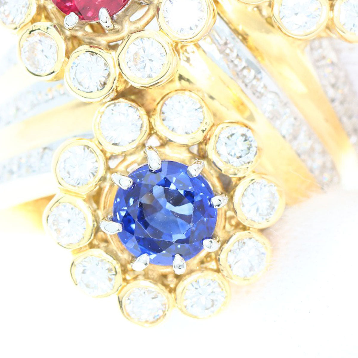 NOBUKO ISHIKAWA Flower Sapphire Ruby Diamond Ring K18 Yellow Gold PT900Ladies [Used]