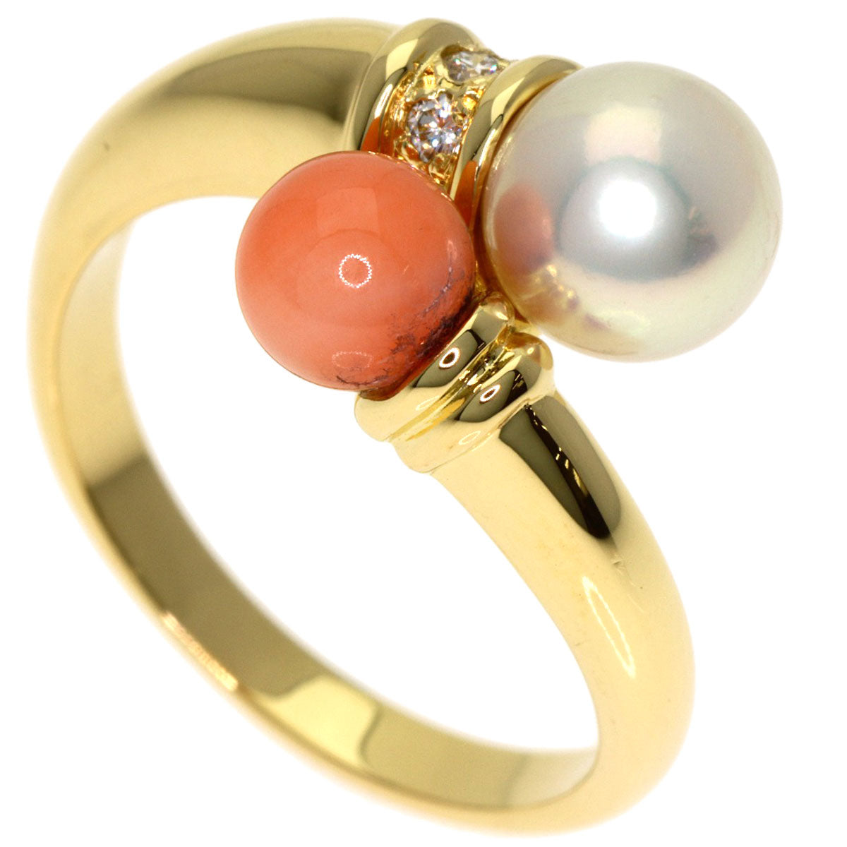 MIKIMOTO Pearl Pearl Coral Coral Diamond Ring K18 Yellow Gold Ladies [Used]