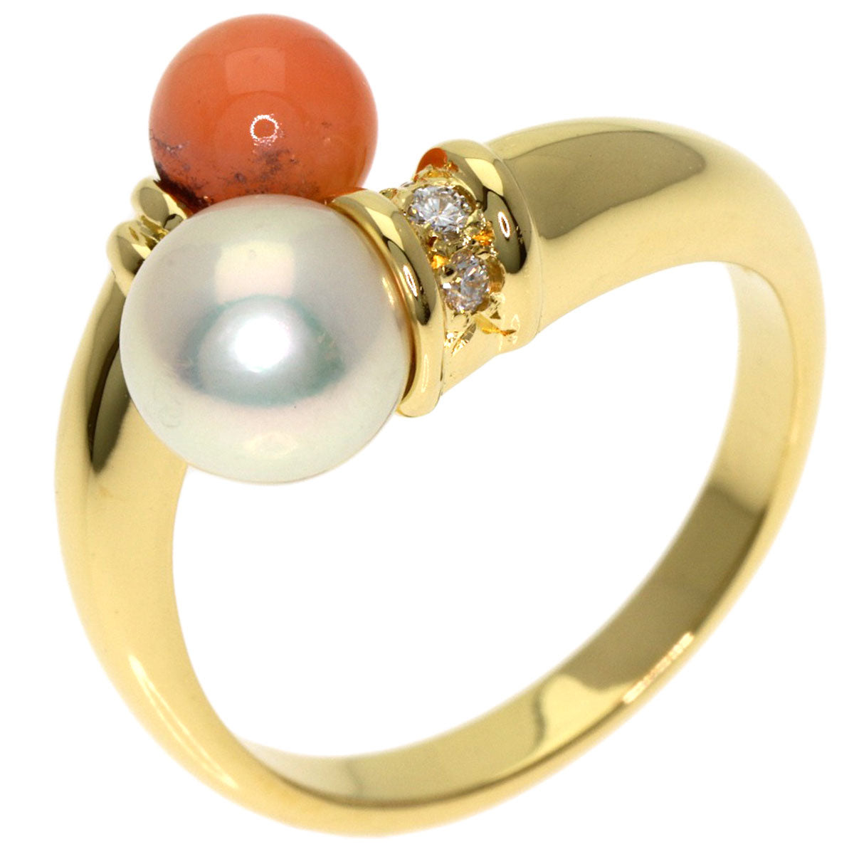 MIKIMOTO Pearl Pearl Coral Coral Diamond Ring K18 Yellow Gold Ladies [Used]