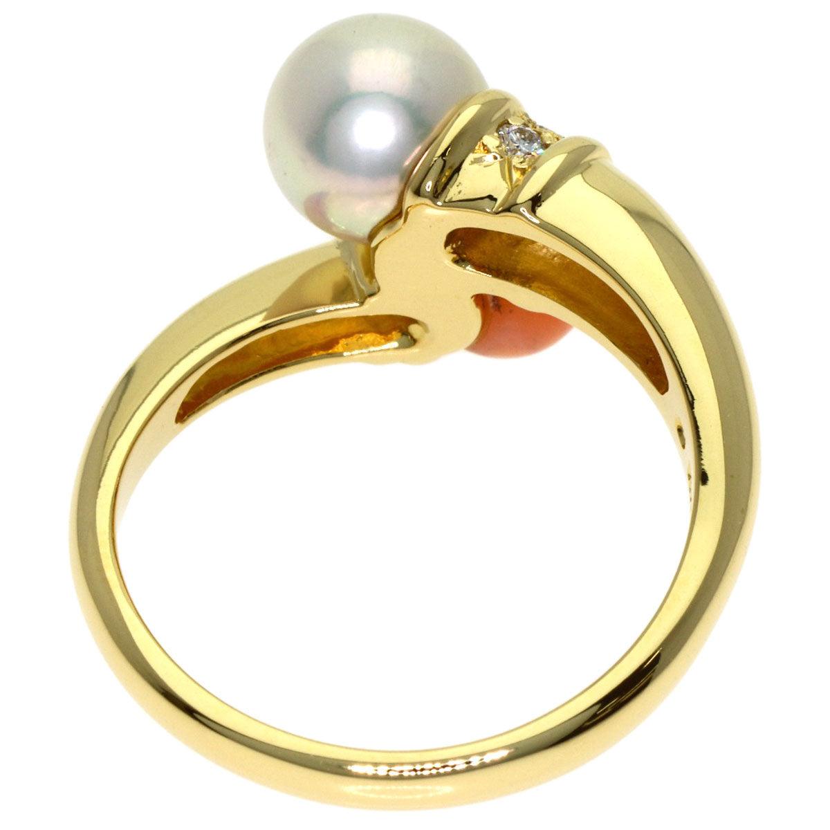 MIKIMOTO Pearl Pearl Coral Coral Diamond Ring K18 Yellow Gold Ladies [Used]