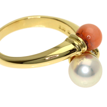 MIKIMOTO Pearl Pearl Coral Coral Diamond Ring K18 Yellow Gold Ladies [Used]