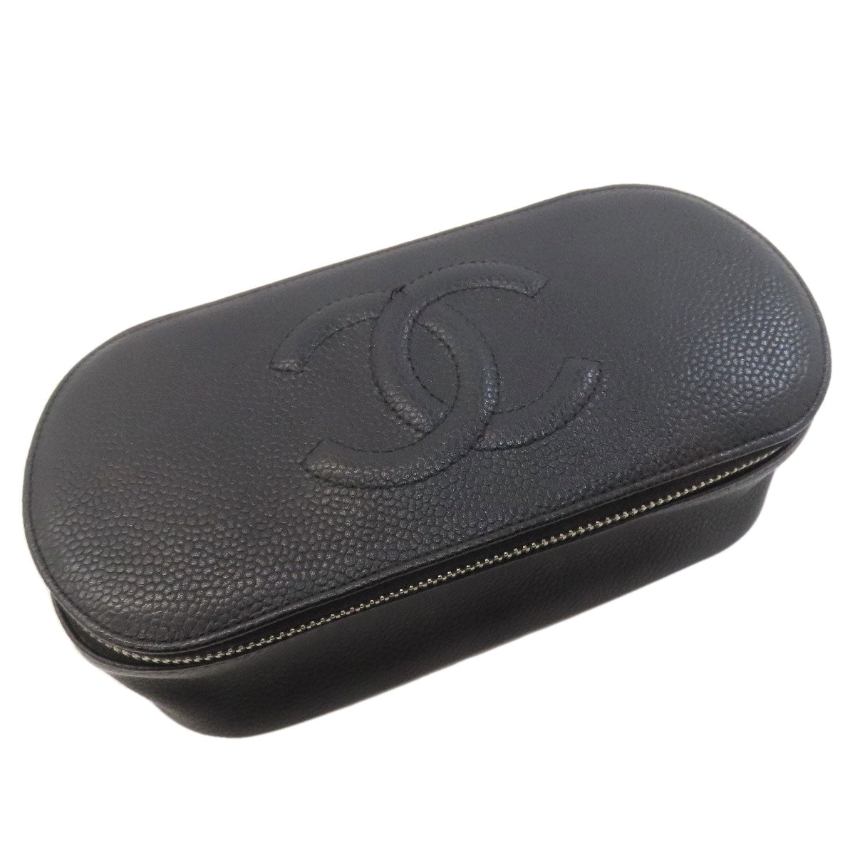 CHANEL COCO Mark SilverHardware Cosmetics Pouch Grained Calfskin Skin Ladies [Used]