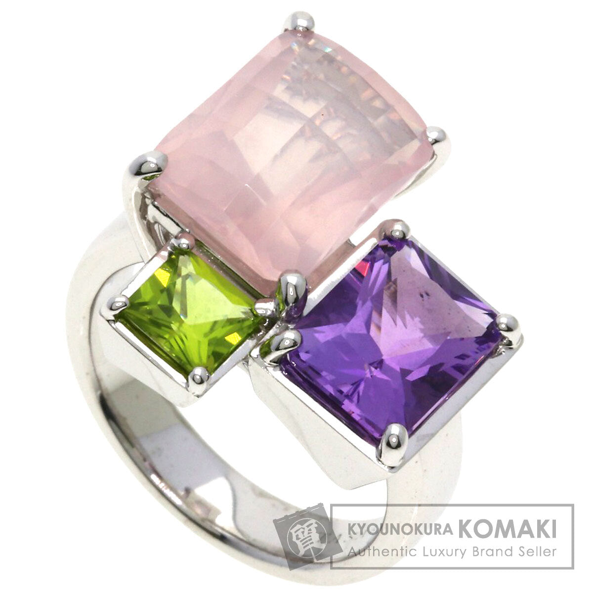 TASAKI Relaxed Elegant Raw Quartz Amethyst Peridot Ring K18 White Gold Ladies [Used]