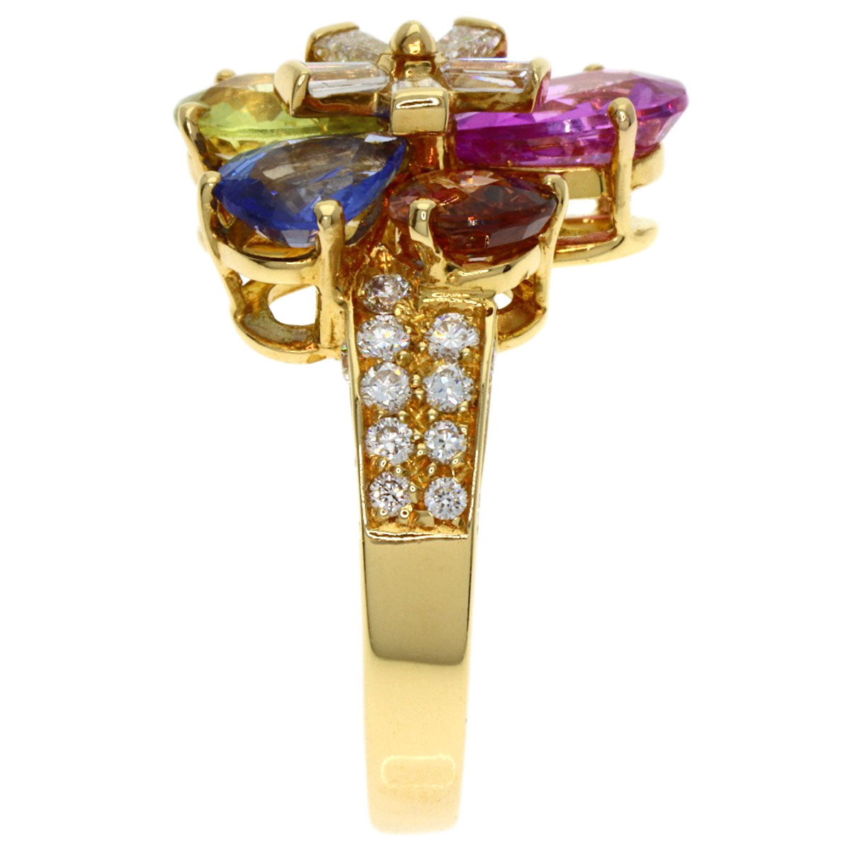 BVLGARI Flower Contrail Multicolor Sapphire Diamond Ring K18 Yellow Gold Ladies [Used]