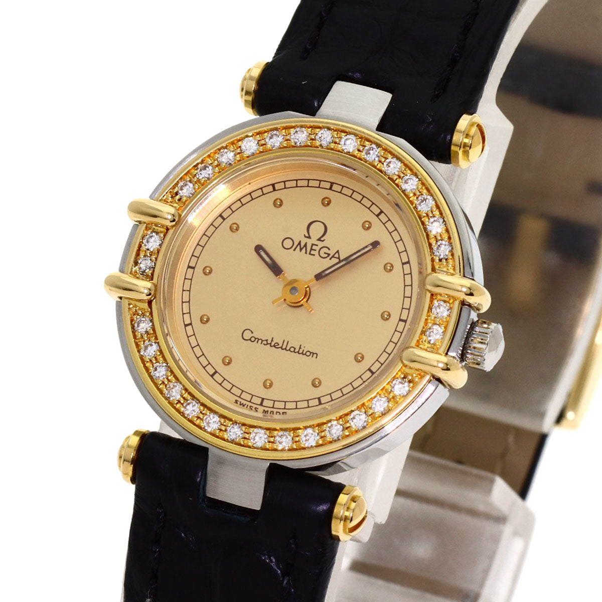 OMEGA Constellation Flat Bezel Diamond Watches Stainless Steel/Leather Ladies