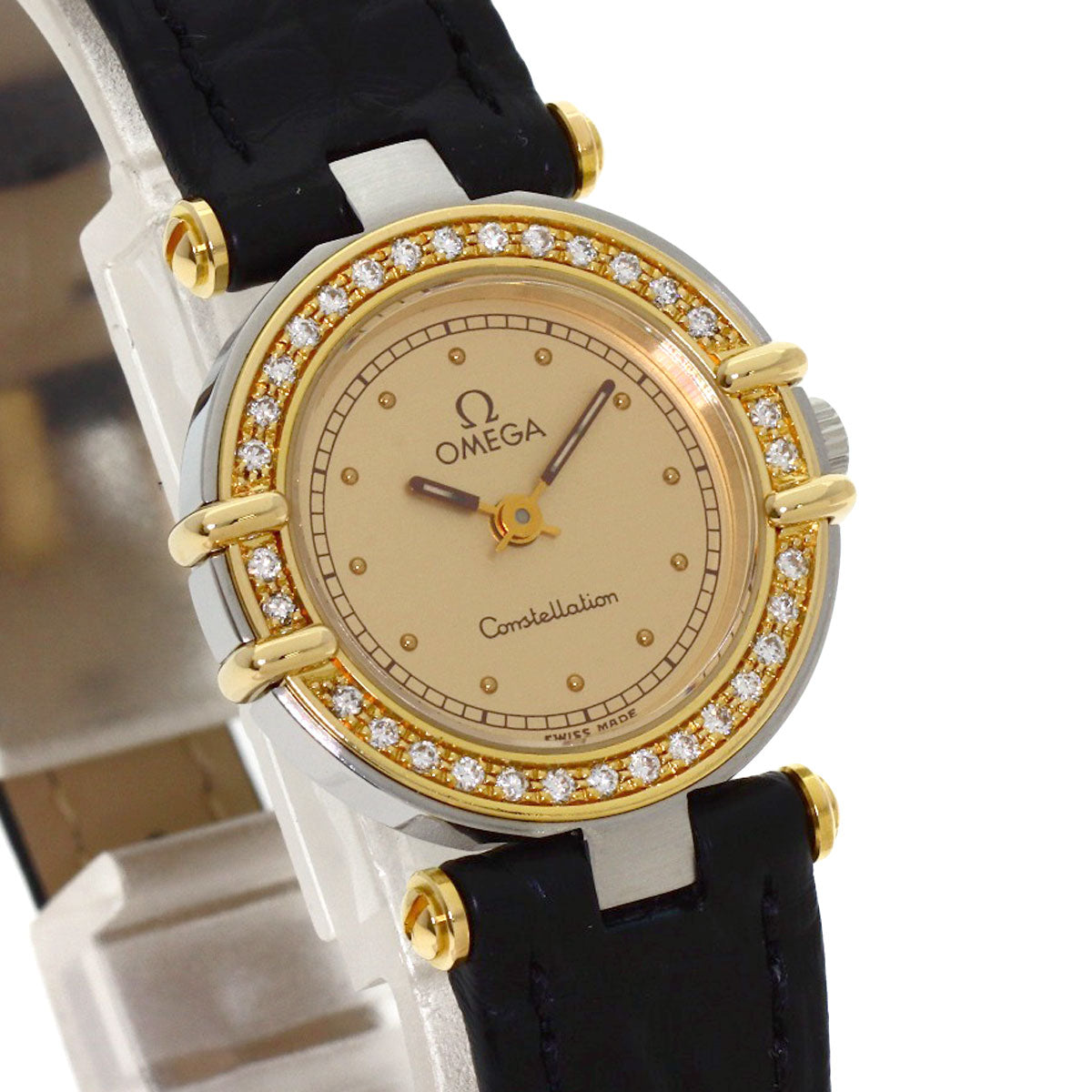OMEGA Constellation Flat Bezel Diamond Watches Stainless Steel/Leather Ladies