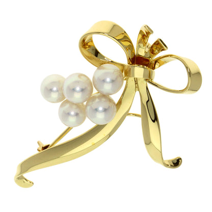 MIKIMOTO Pearl Pearl Ribbon Brooch K18 Yellow Gold Ladies [Used]