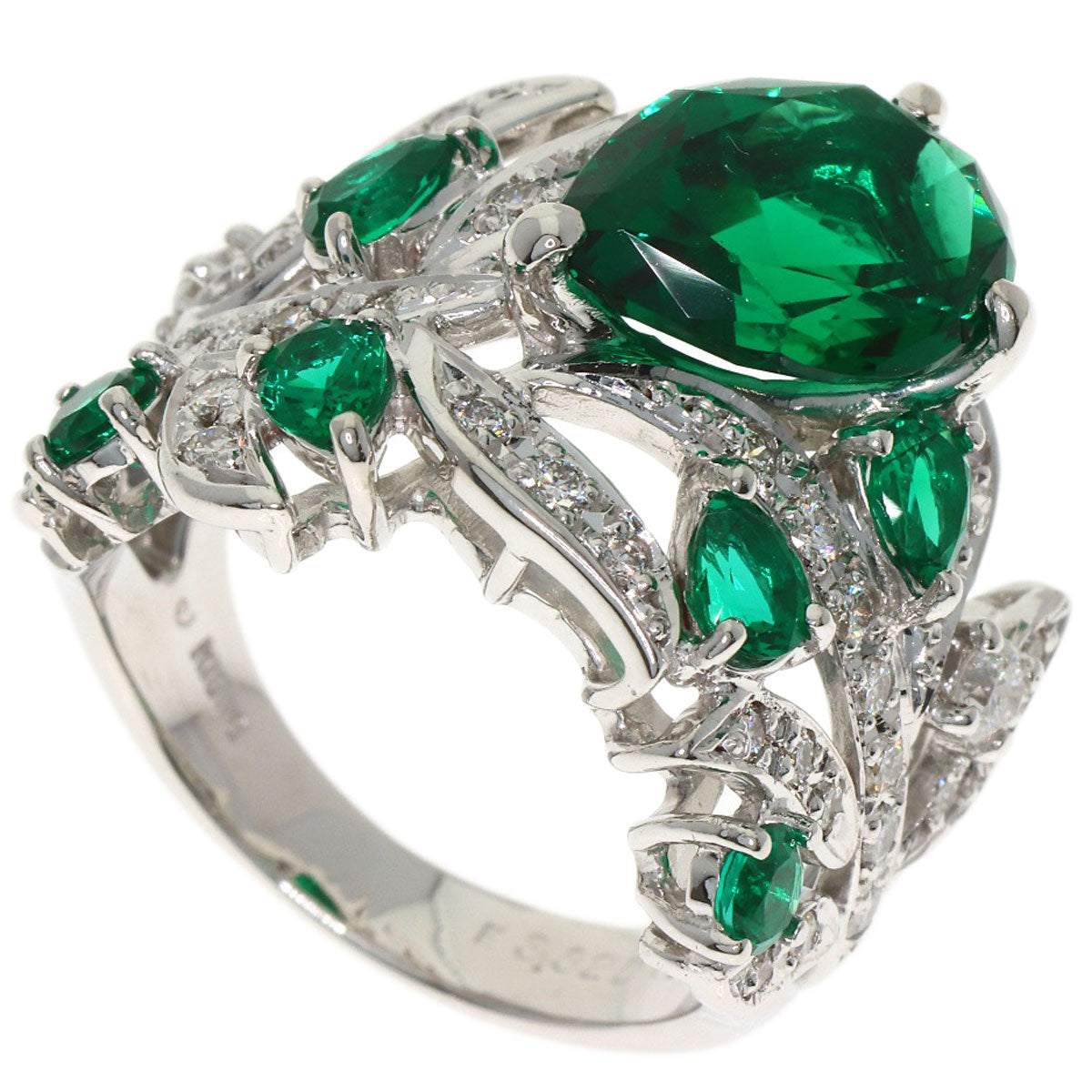 3.32ct Synthetic Emerald Diamond Ring K18 White Gold 11.2g　Ladies