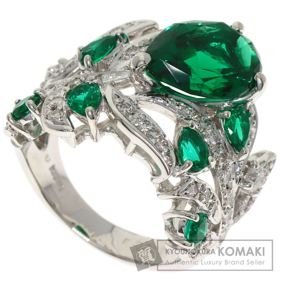 3.32ct Synthetic Emerald Diamond Ring K18 White Gold 11.2g　Ladies