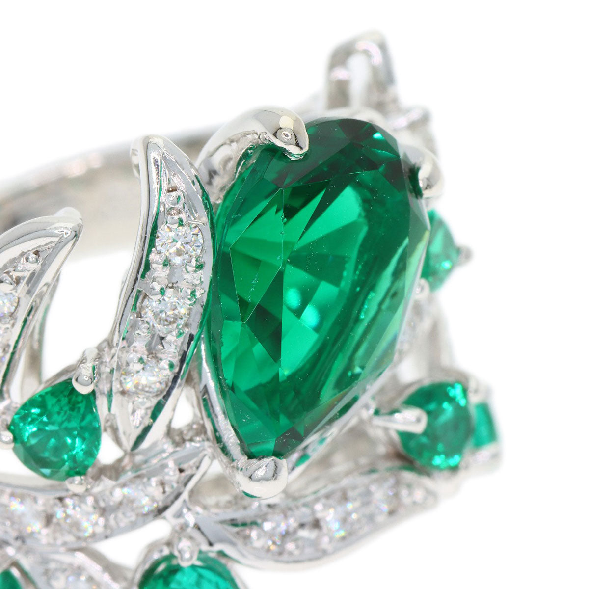 3.32ct Synthetic Emerald Diamond Ring K18 White Gold 11.2g　Ladies