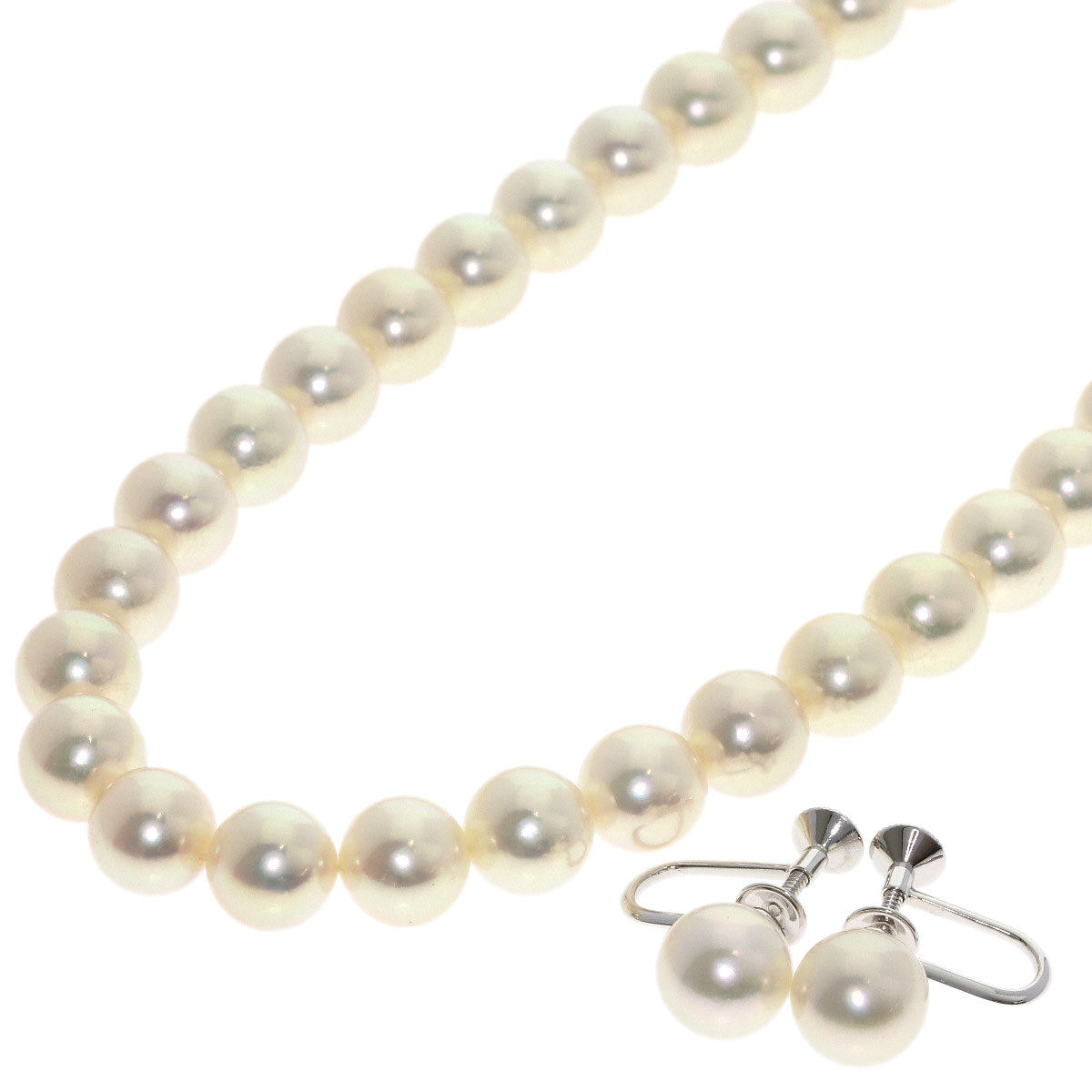 MIKIMOTO Akoya Pearl Earring Set with Pearl M Charm Necklace K18 White Gold Ladies [Used]