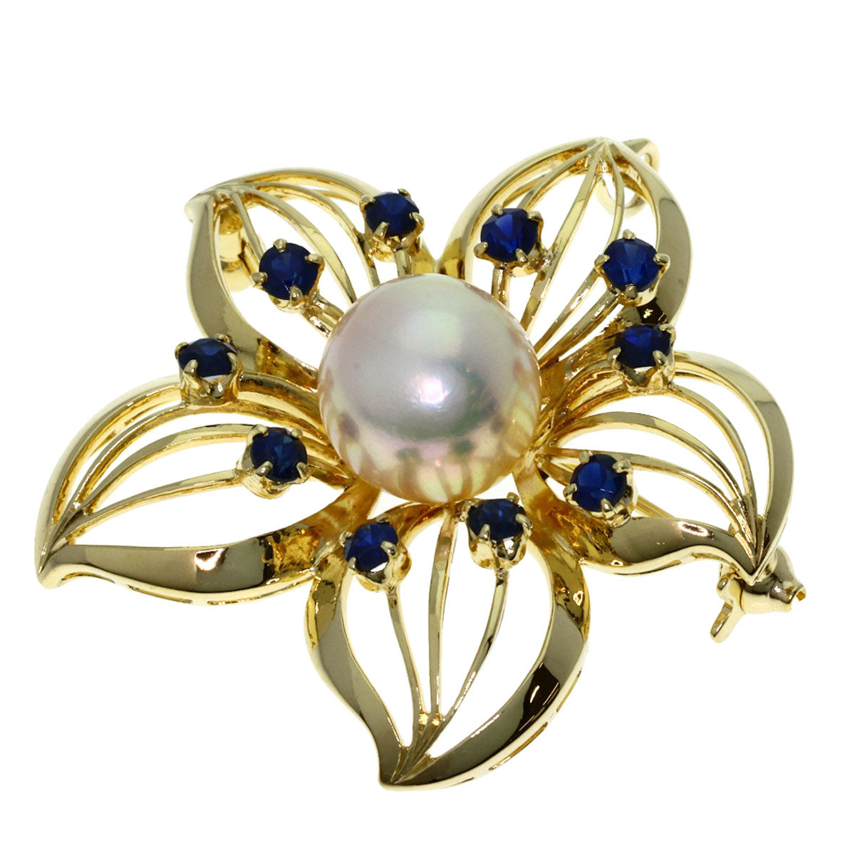 MIKIMOTO Flower Motif Pearl Pearl Sapphire Brooch K14 Yellow Gold Ladies [Used]